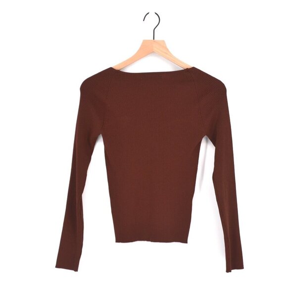 Mango MNG Sweetheart Neck Sweater Ribbed Knit Jumper in Brown Women's S - Picture 4 of 7